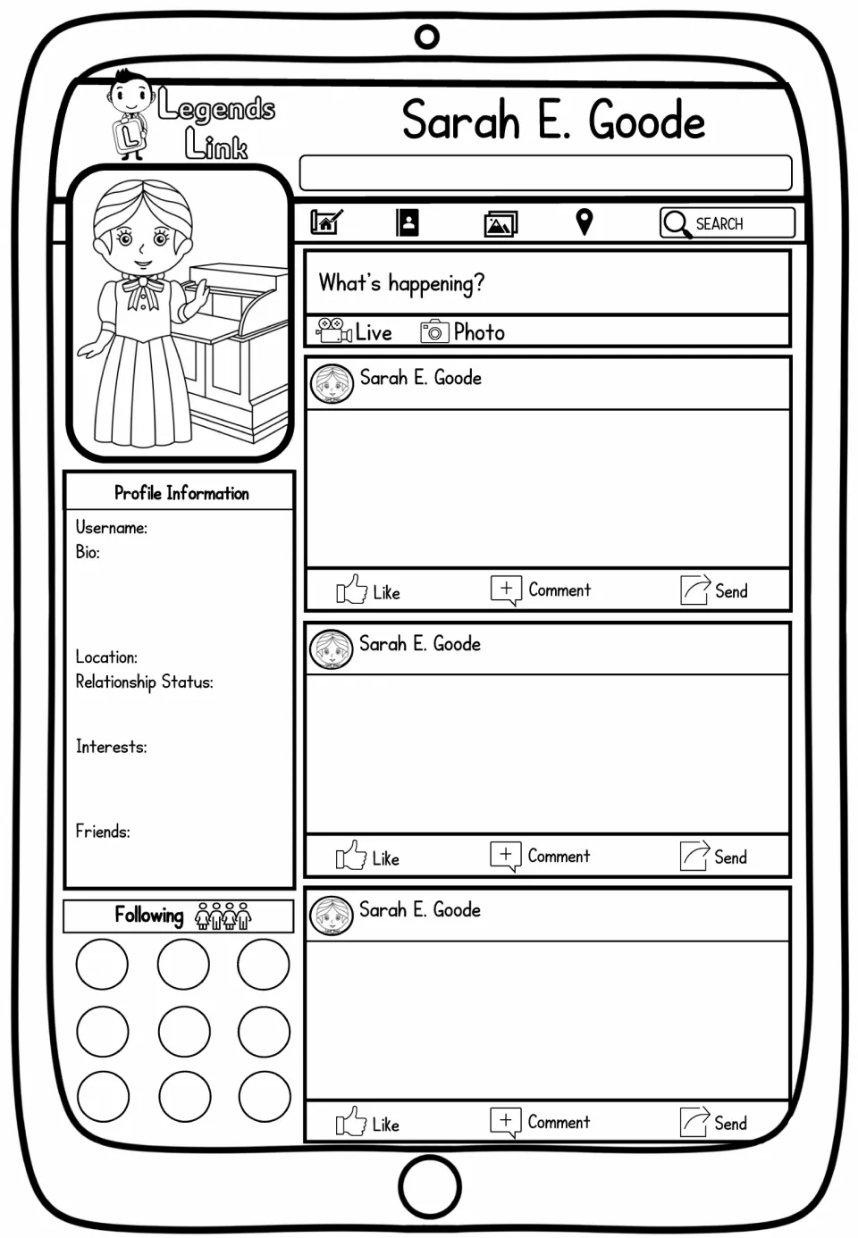 Sarah E. Goode profile to complete: students fill in her username, bio, friends, following and three posts