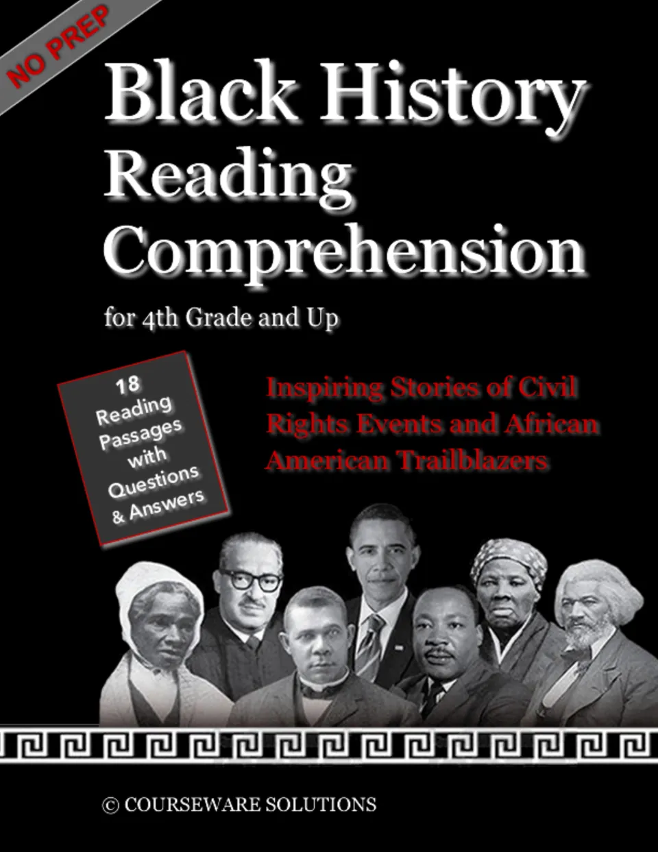 Cover introducing 18 Black history reading passages with questions and answers for fourth grade and up