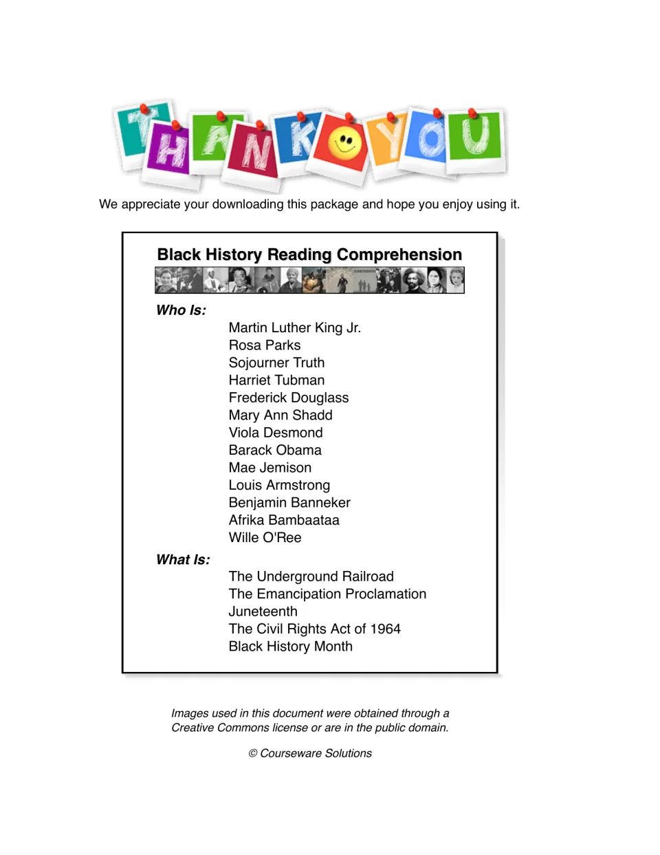Contents list naming 13 people and five history topics, including Rosa Parks, Juneteenth, and Black History Month