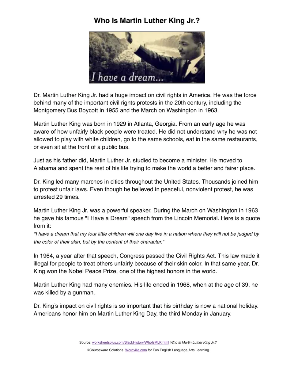 Martin Luther King Jr. reading passage covering his childhood, peaceful protests, speech, and civil rights work