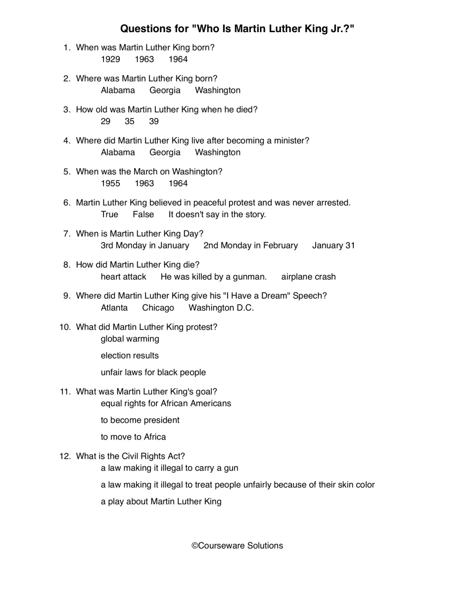 Martin Luther King Jr. comprehension quiz with 12 questions about his life, protests, and the Civil Rights Act