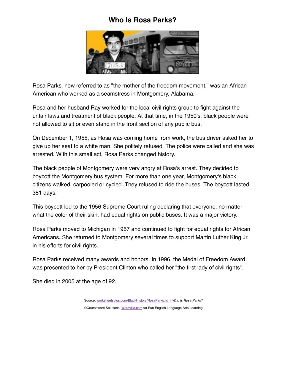 Rosa Parks reading passage about her arrest, the Montgomery bus boycott, and her continued civil rights work