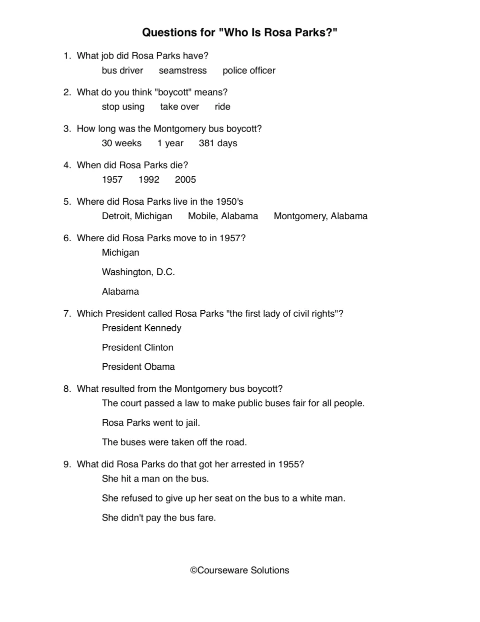 Rosa Parks comprehension quiz with nine questions about her job, arrest, bus boycott, move, and honors