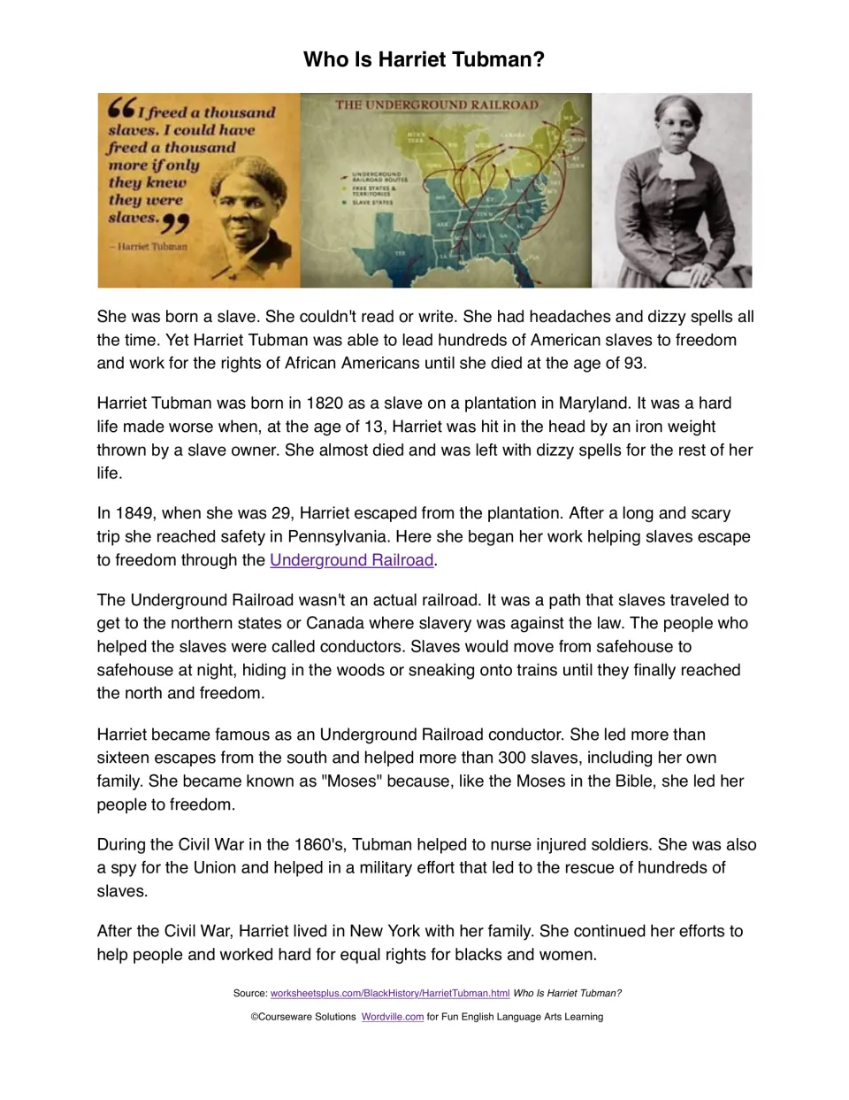 Harriet Tubman reading passage about her escape, Underground Railroad work, and service during the Civil War