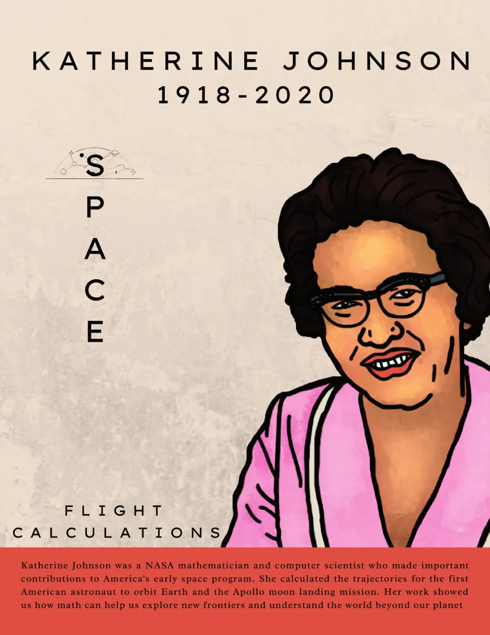 Katherine Johnson (1918-2020) poster: portrait, SPACE and flight calculations, with a bio of her NASA trajectory work