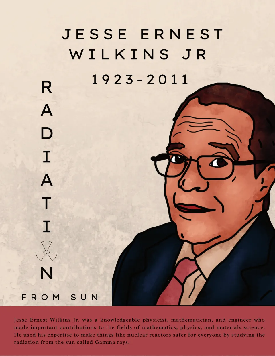 Jesse Ernest Wilkins Jr (1923-2011) poster: portrait, RADIATION from sun, and a bio on his gamma ray research