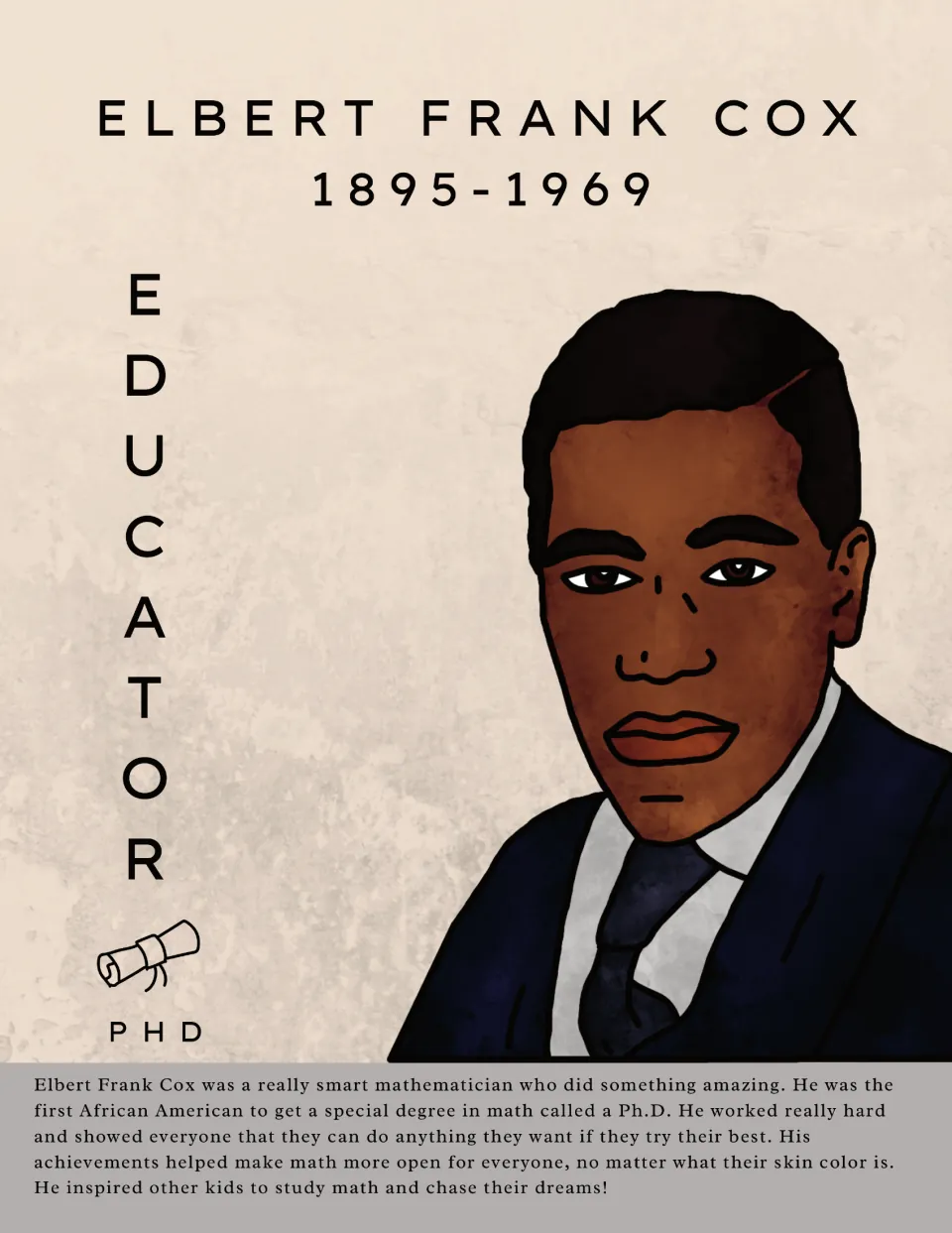 Elbert Frank Cox (1895-1969) poster: portrait, EDUCATOR PhD, and a bio naming him the first African American math Ph.D.