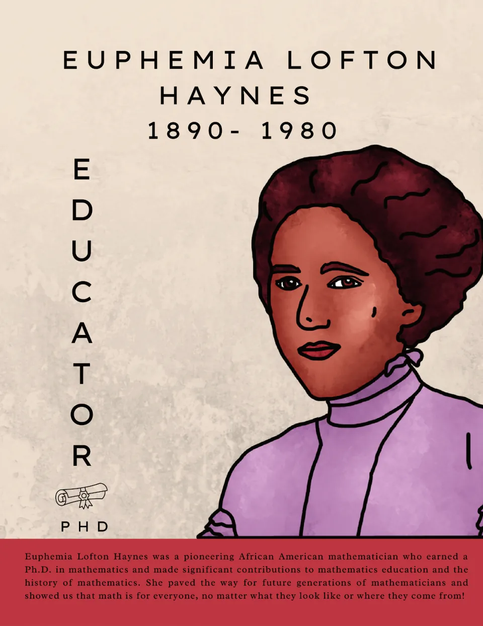 Euphemia Lofton Haynes (1890-1980) poster: portrait, EDUCATOR PhD, with a bio on her math education work