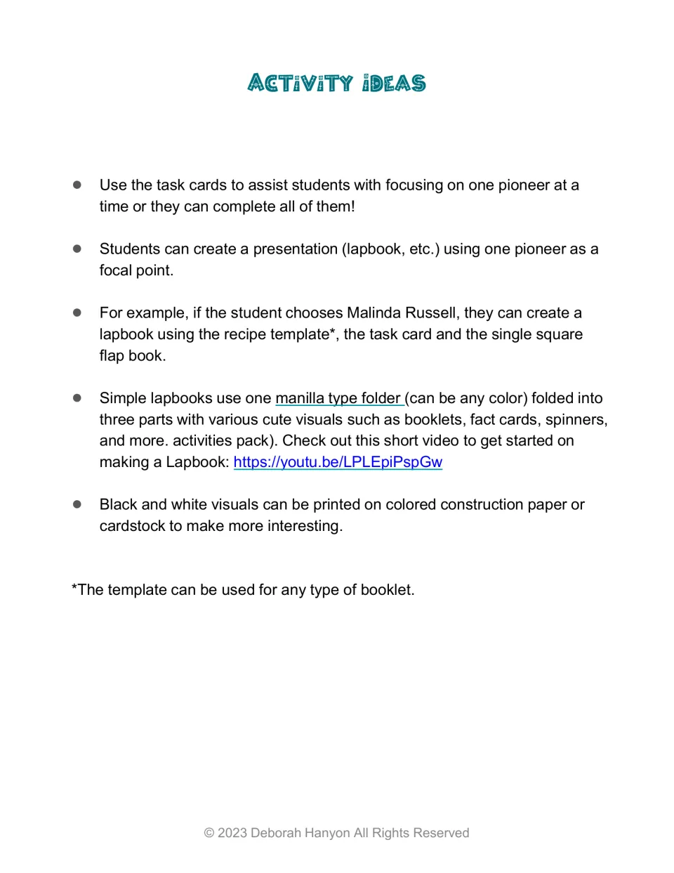 Activity ideas for teachers: using task cards, building a lapbook on one pioneer such as Malinda Russell, printing tips