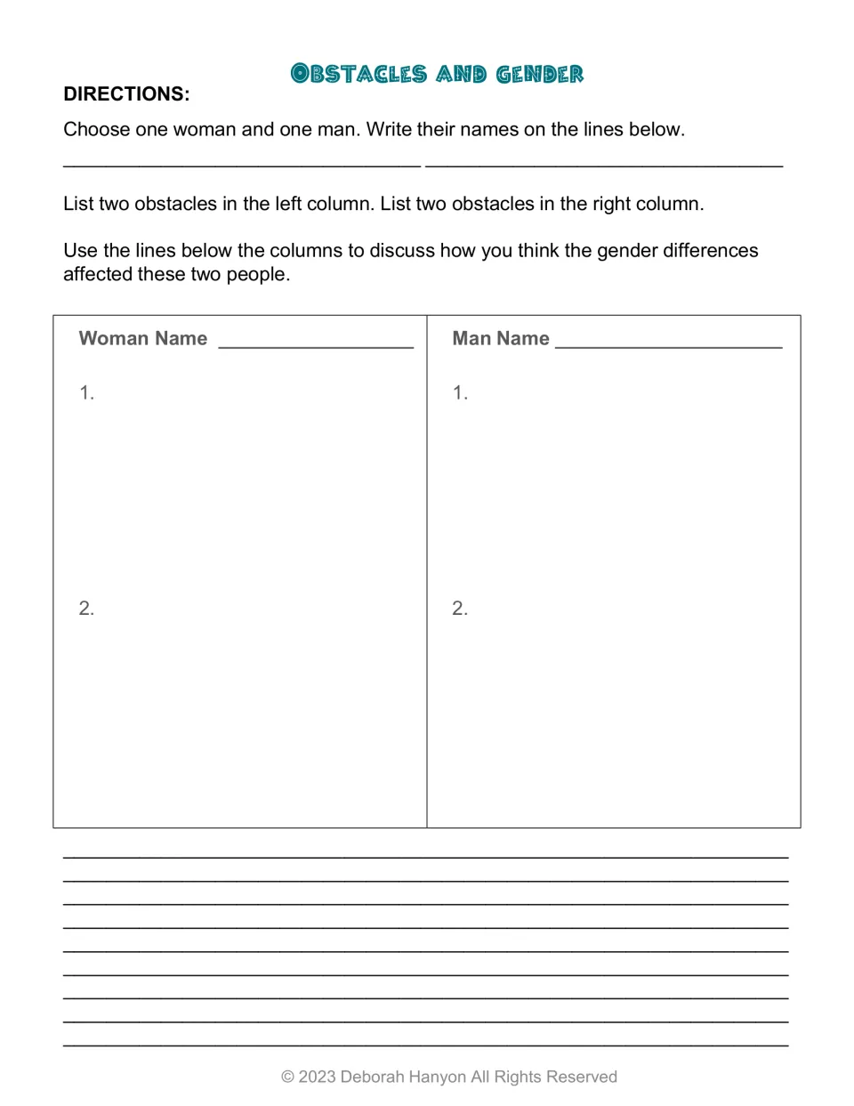 Obstacles and gender: students list two obstacles each for one woman and one man, then discuss how gender affected them