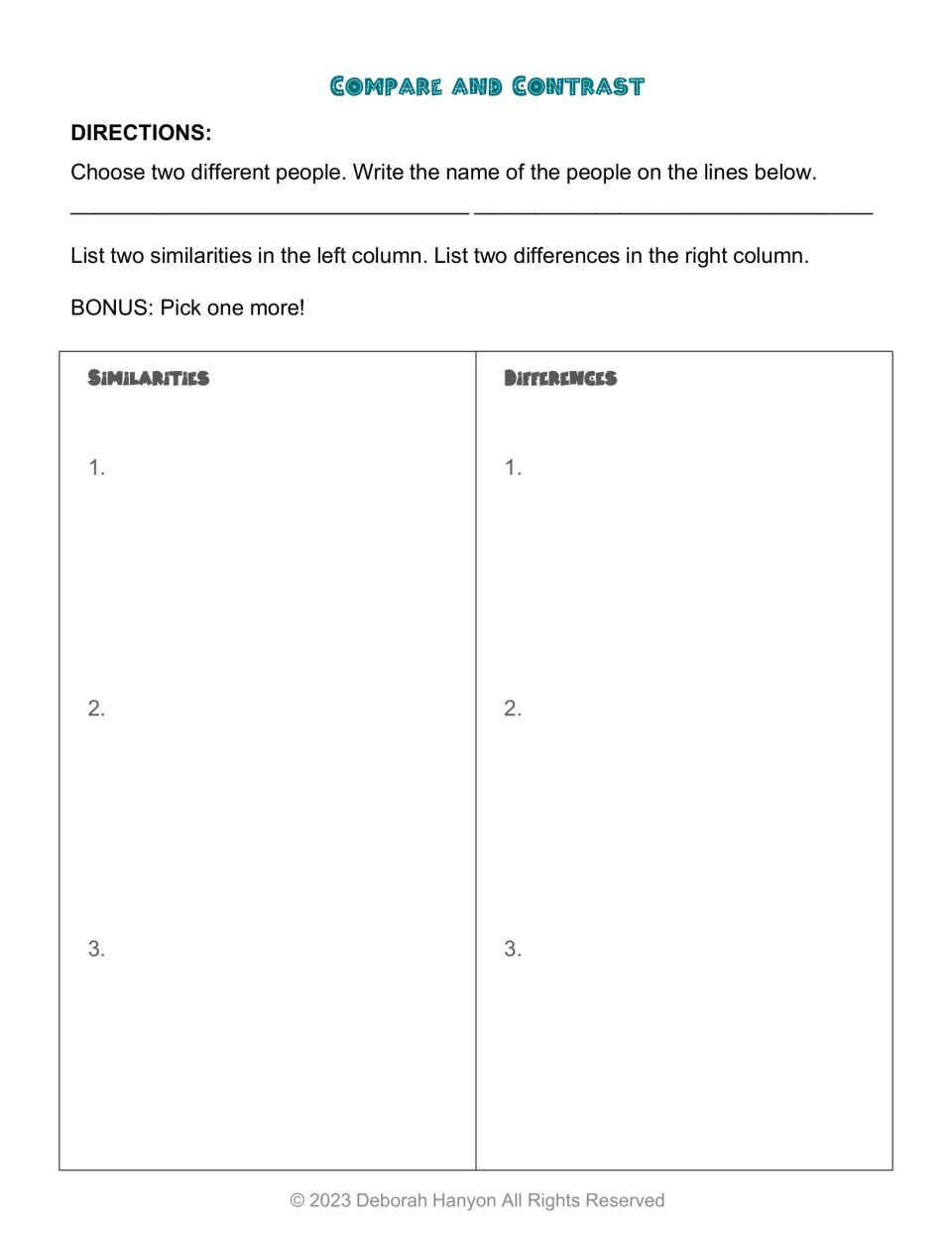 Compare and contrast: students choose two pioneers and list their similarities and differences, with a bonus pick