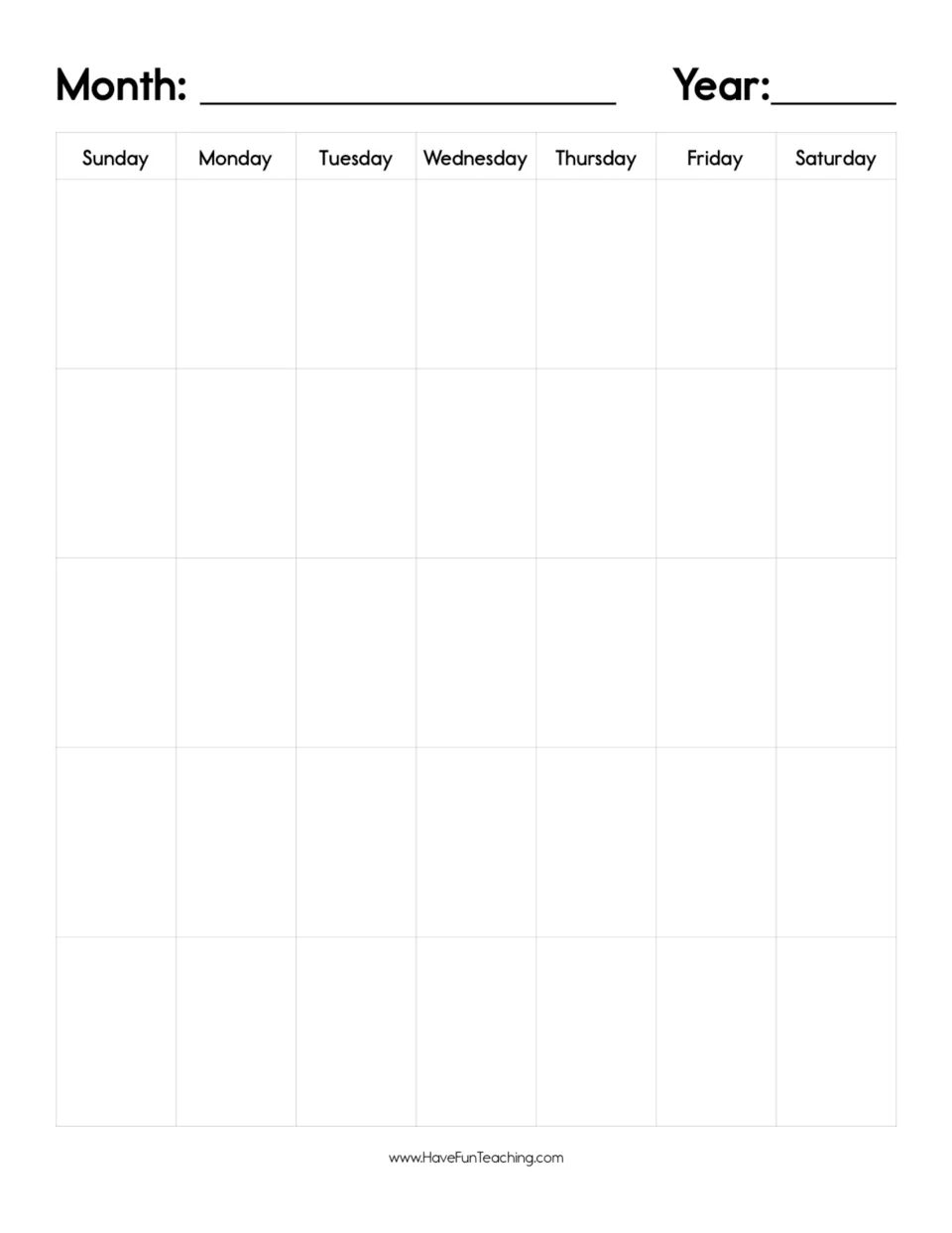 Blank monthly calendar template for recording classroom events and holidays, labeled Month and Year.