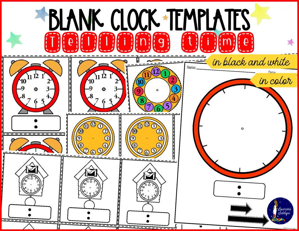Telling time clock cards cover: alarm, cuckoo and numbered clock faces with digital readouts, in color and black and white