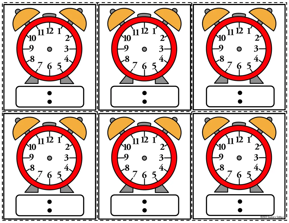 Telling time: six red alarm clocks with numbers 1 to 12 and no hands, each with a digital readout to fill in below