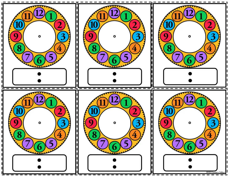 Telling time: six clock faces ringed by rainbow numbered circles with an empty center and a digital readout to complete