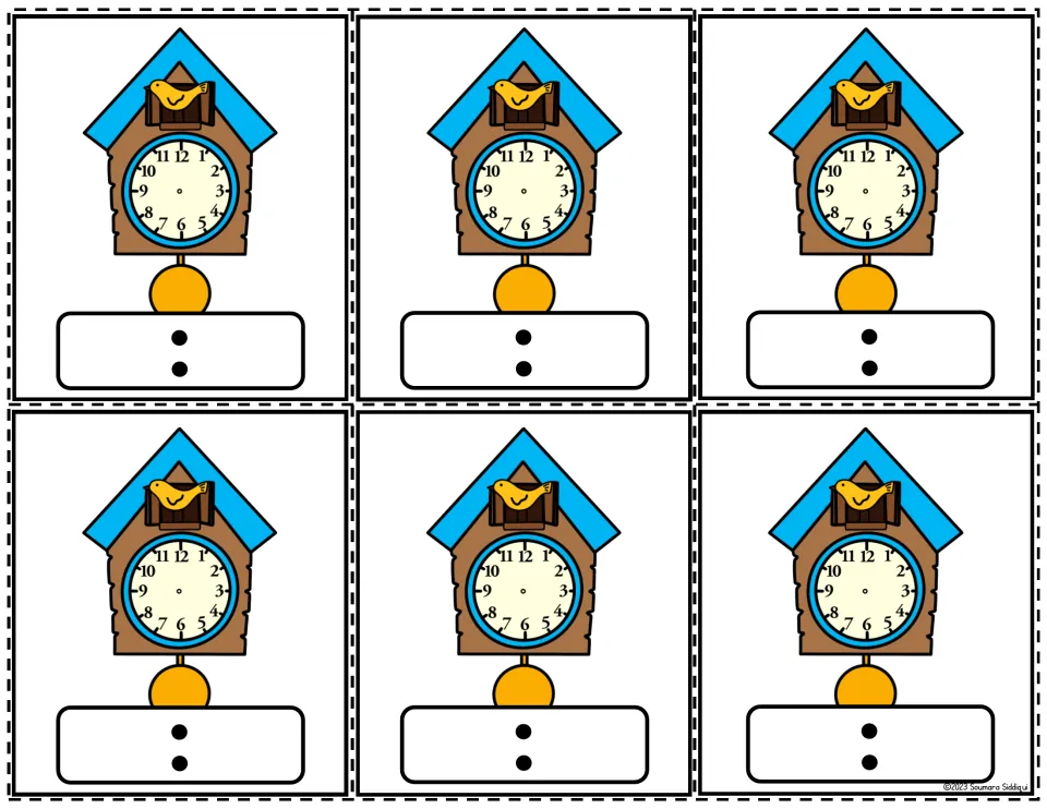 Telling time: six cuckoo clocks with numbered faces and no hands; students draw hands and write the digital time below
