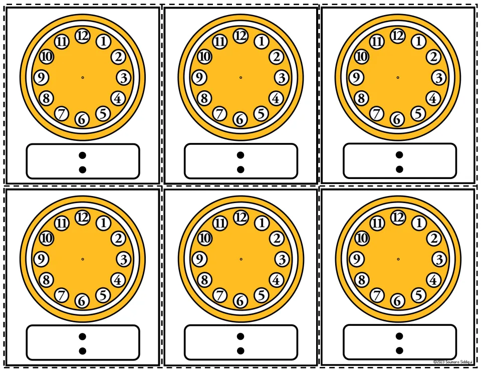 Telling time: six orange clock faces with circled numbers 1 to 12 for drawing hands and writing the matching digital time
