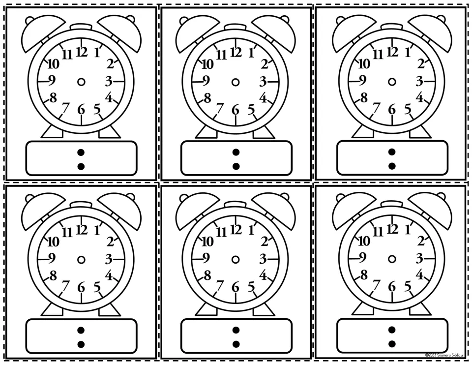 Black-and-white alarm clocks: six handless numbered faces for drawing hands and recording the digital time underneath