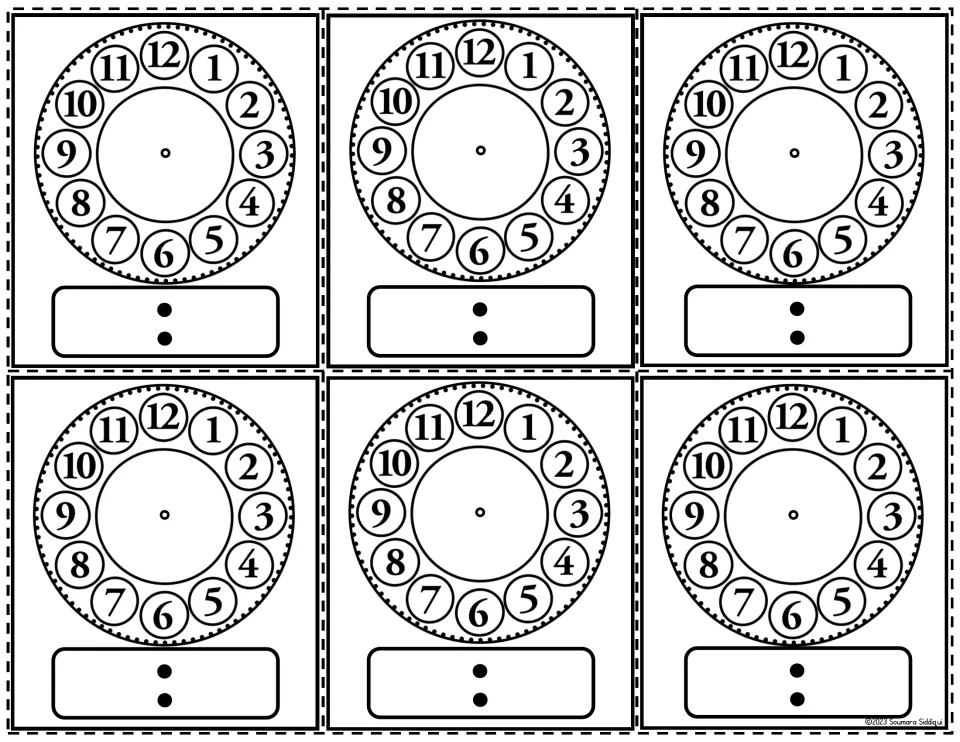 Black-and-white numbered clock rings: six faces with 1 to 12 in circles; students add hands and record the time digitally