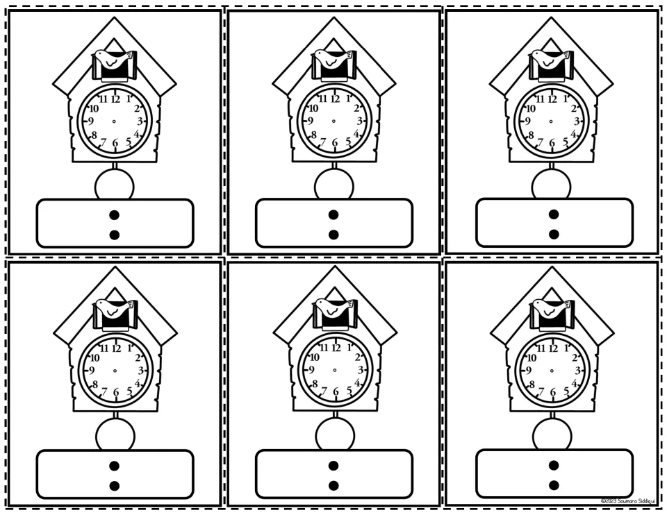 Black-and-white cuckoo clocks: six numbered faces to draw hands on, each with an empty digital time to write under it