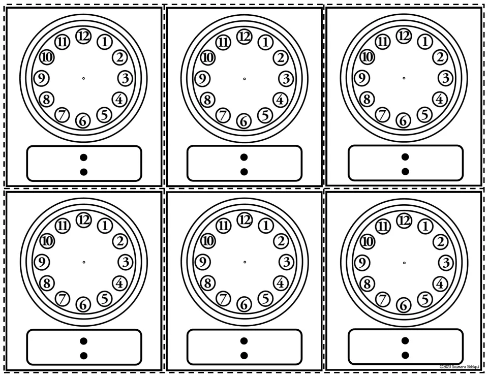 Black-and-white round clocks with circled numbers 1 to 12: six cards for showing a time with hands and in digital form