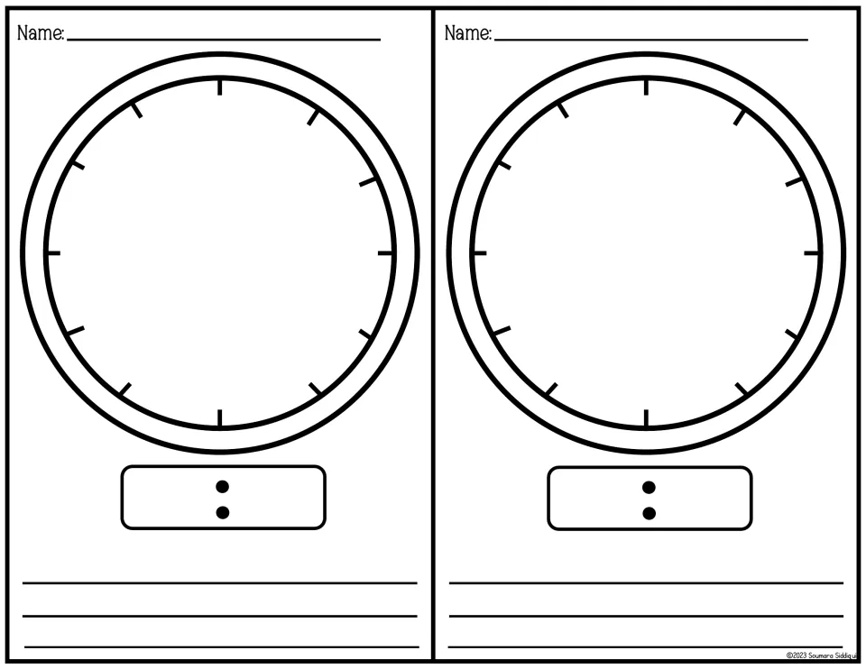Telling time: two large clock faces with tick marks but no numbers, a Name line, a digital readout and writing lines