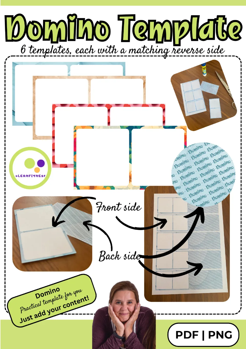 Domino Template cover: 6 blank domino designs with matching reverse sides, photos of printed, folded and cut dominoes
