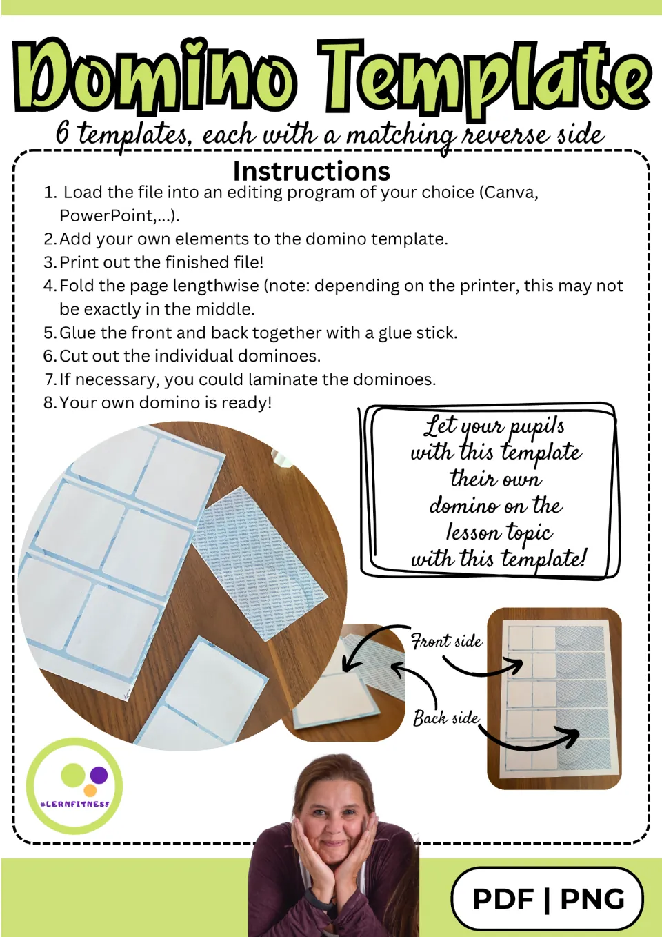 Instructions: 8 steps to add content in Canva or PowerPoint, print, fold, glue, cut and laminate dominoes