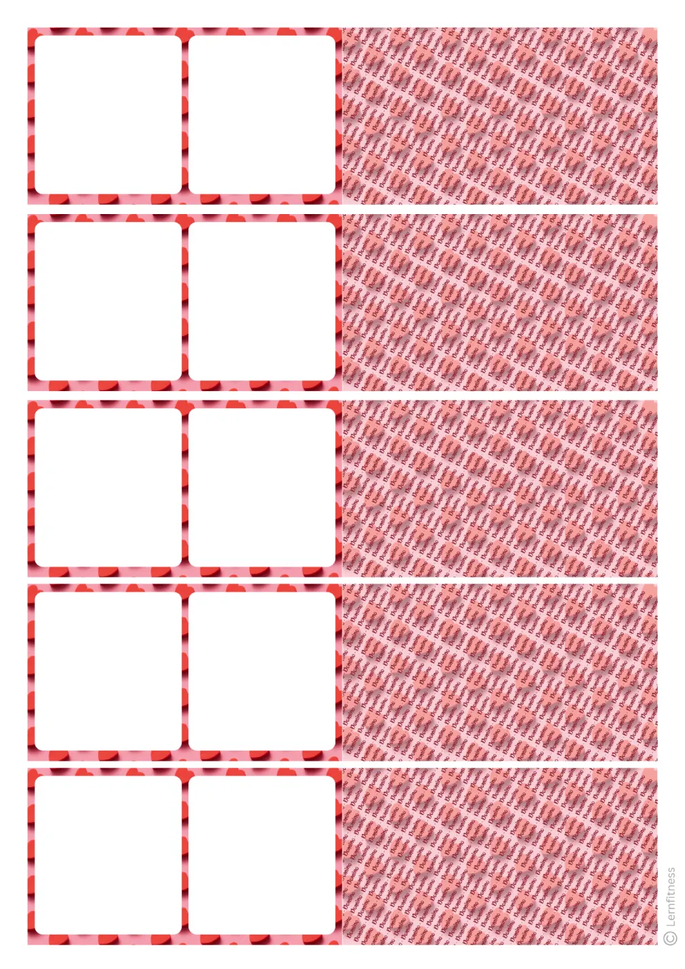 Red hearts domino sheet: five blank dominoes to fill in, each paired with a pink back side repeating the word Domino