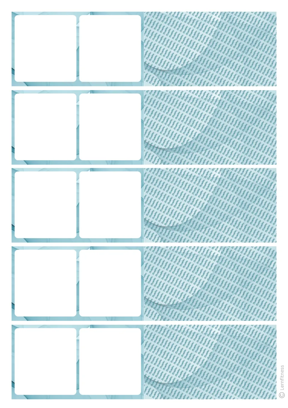 Light blue domino sheet: five blank dominoes for your own content, with a matching pale blue back of repeating Domino text