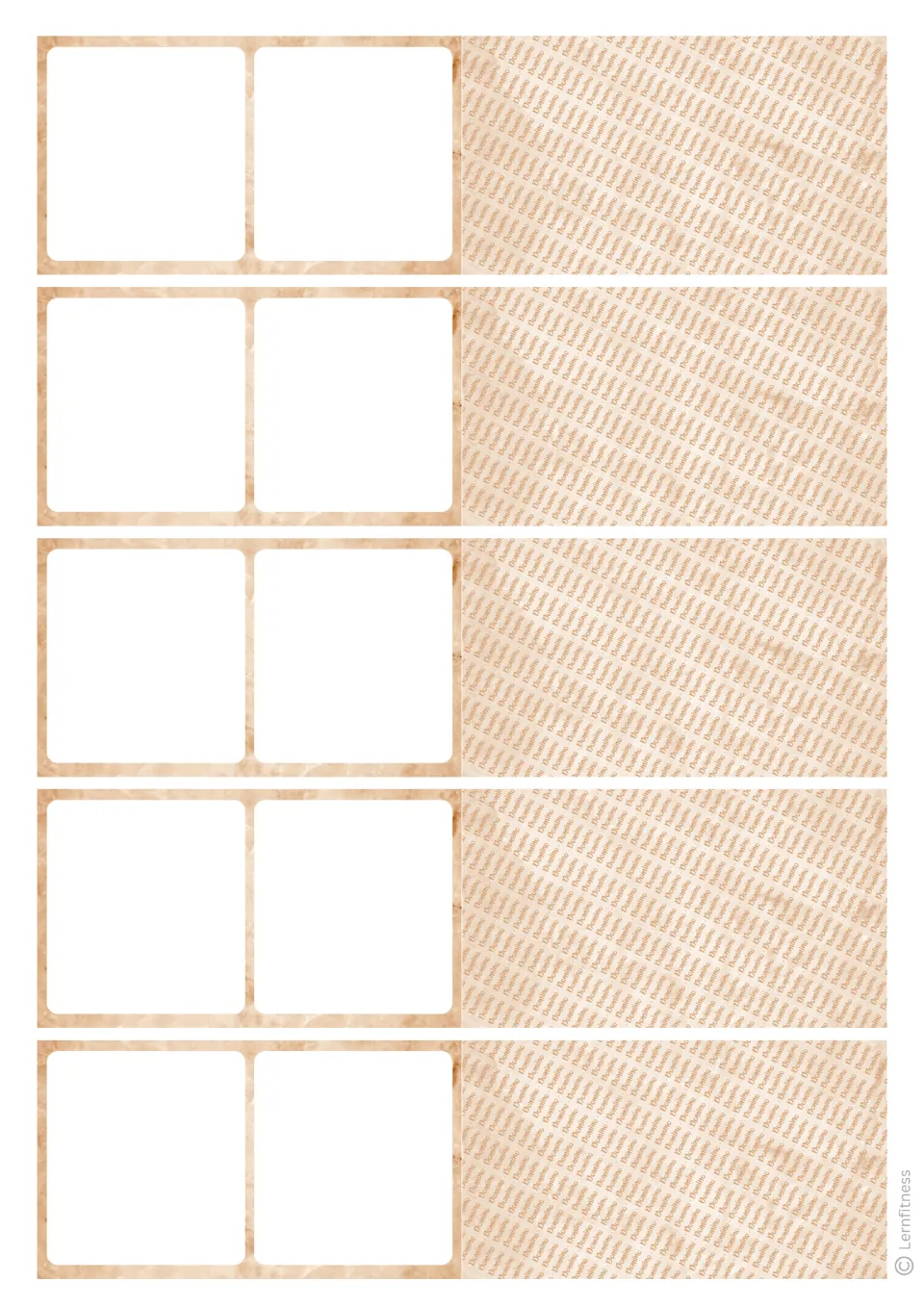 Beige parchment domino sheet: five blank dominoes to fill in, paired with a tan back side covered in repeating Domino text