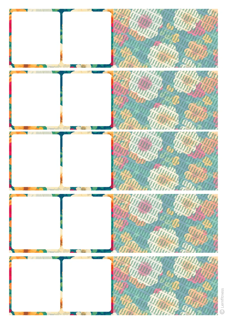 Floral domino sheet: five blank dominoes framed in orange and white flowers, with a teal flower-print back of Domino text