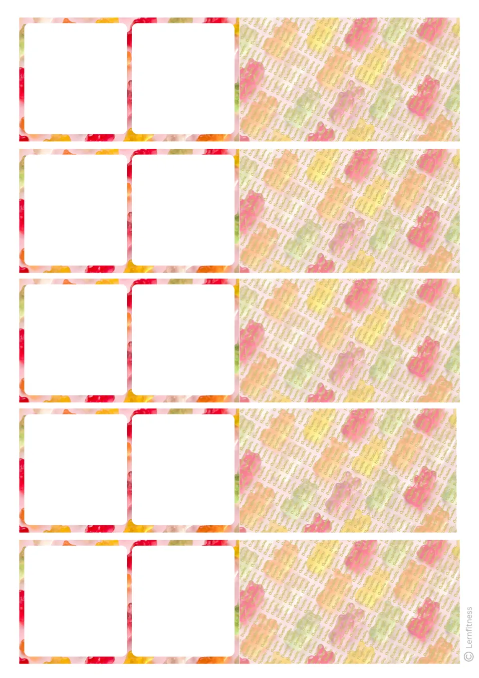 Gummy bear domino sheet: five blank dominoes framed in candy colours, with a matching gummy bear back printed with Domino