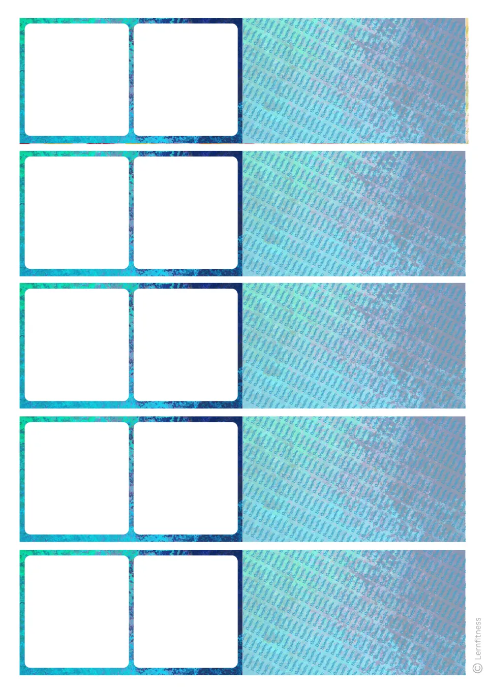 Blue-green texture domino sheet: five blank dominoes to fill in, with a turquoise back side of faint repeating Domino text