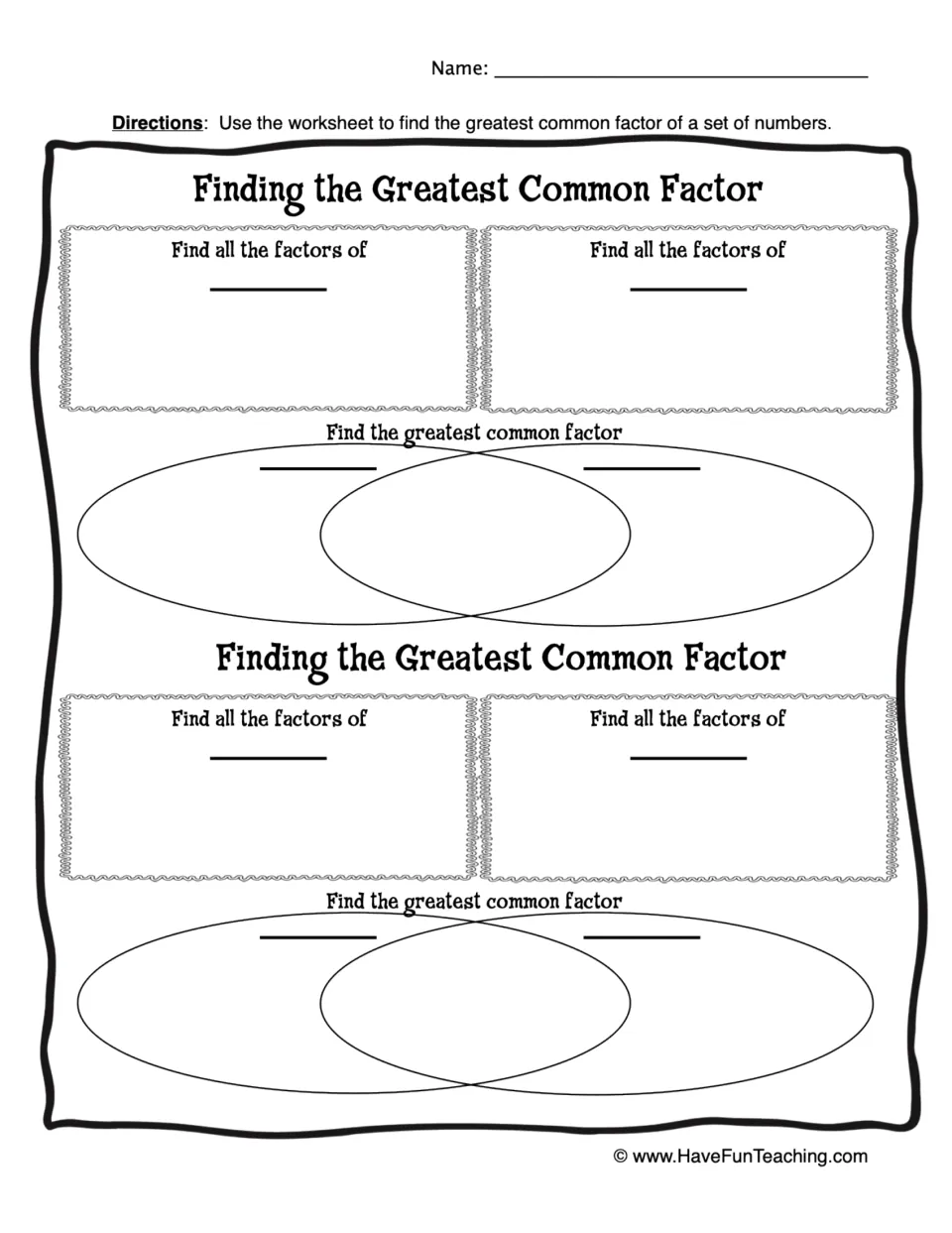 Finding the greatest common factor: students list all factors of two numbers, then sort them in a Venn diagram, twice