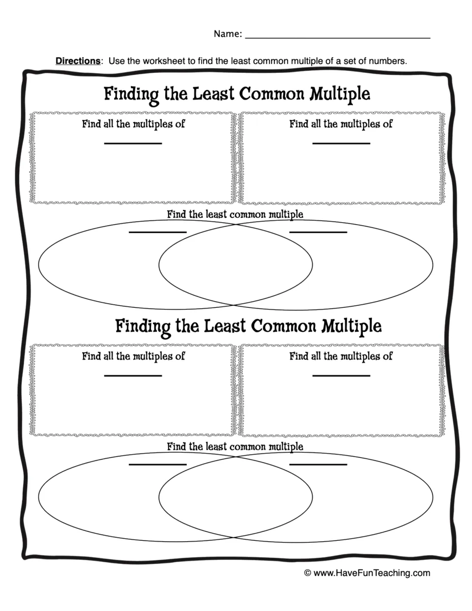 Finding the Least Common Multiple: students list multiples of two numbers, then use a Venn diagram to spot the LCM