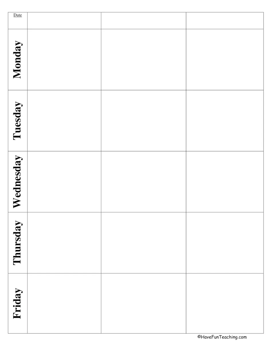 Weekly lesson planner labeled Date and Monday through Friday, with three blank spaces per day for writing lesson plans