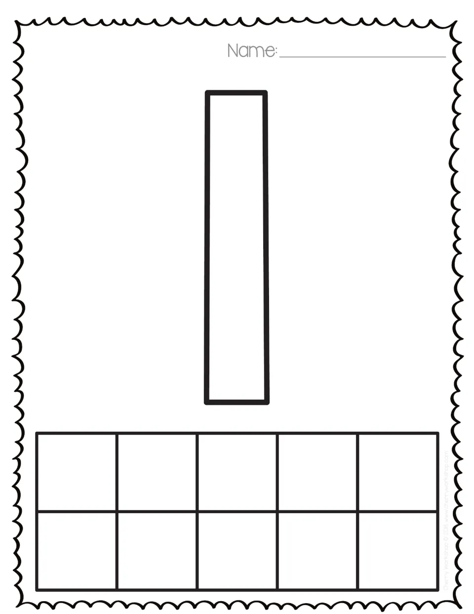 Number 1: large bubble numeral 1 to color or trace, with a ten frame below where students show one with a single counter