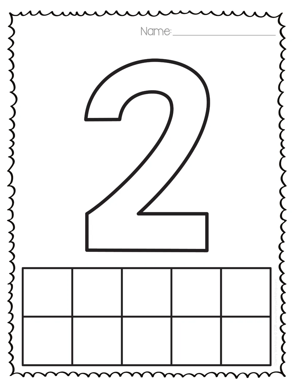 Number 2: big outlined 2 to fill with color or play dough, plus a ten frame for showing two objects to match the digit