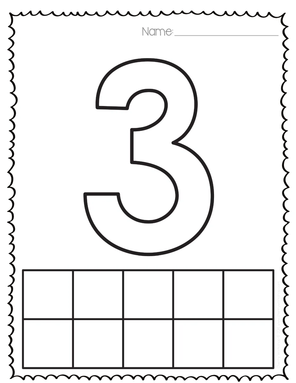 Number 3: outlined numeral 3 to decorate and a ten frame for placing three counters, matching the written digit to a count