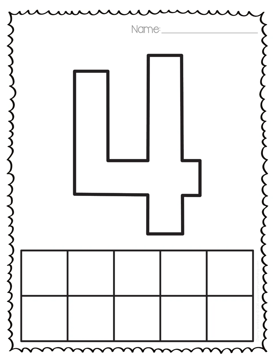 Number 4: bubble numeral 4 for tracing or filling in, with a ten frame to model four and connect the digit to a quantity