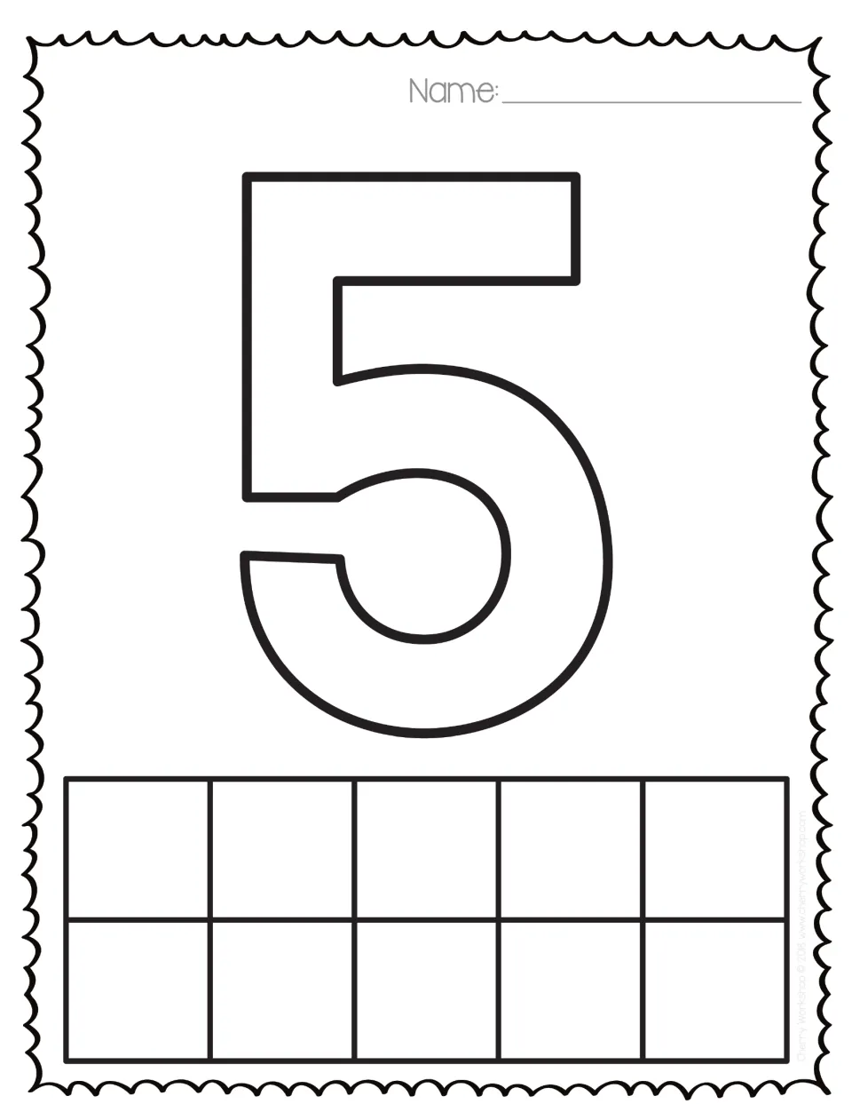 Number 5: large hollow 5 to color, plus a ten frame where filling the top row shows five, practising one-to-one counting