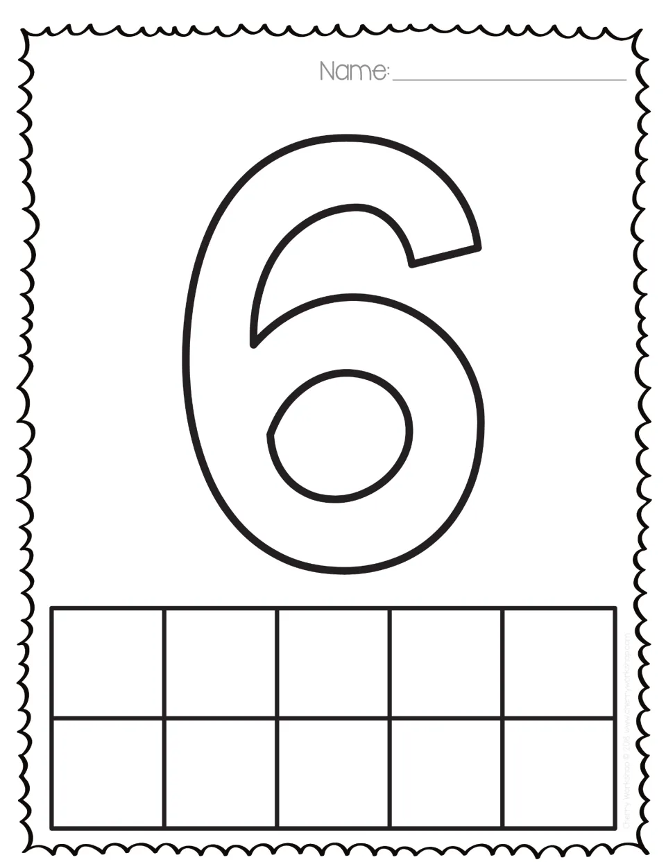 Number 6: outlined numeral 6 to fill with stickers or dough, and a ten frame to show six as a full row of five and one more