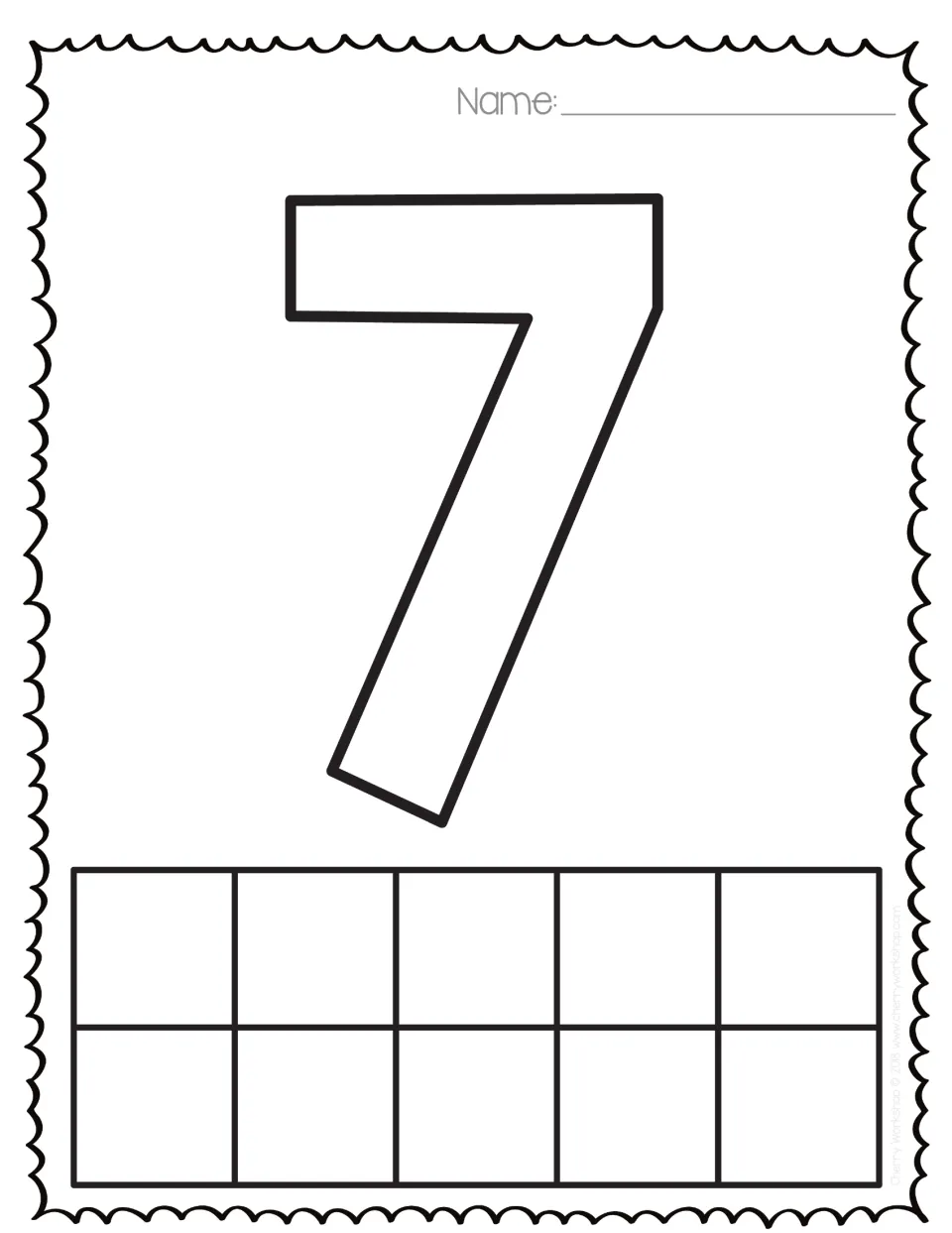 Number 7: open-outline 7 for coloring and a ten frame for representing seven, linking numeral recognition to counting