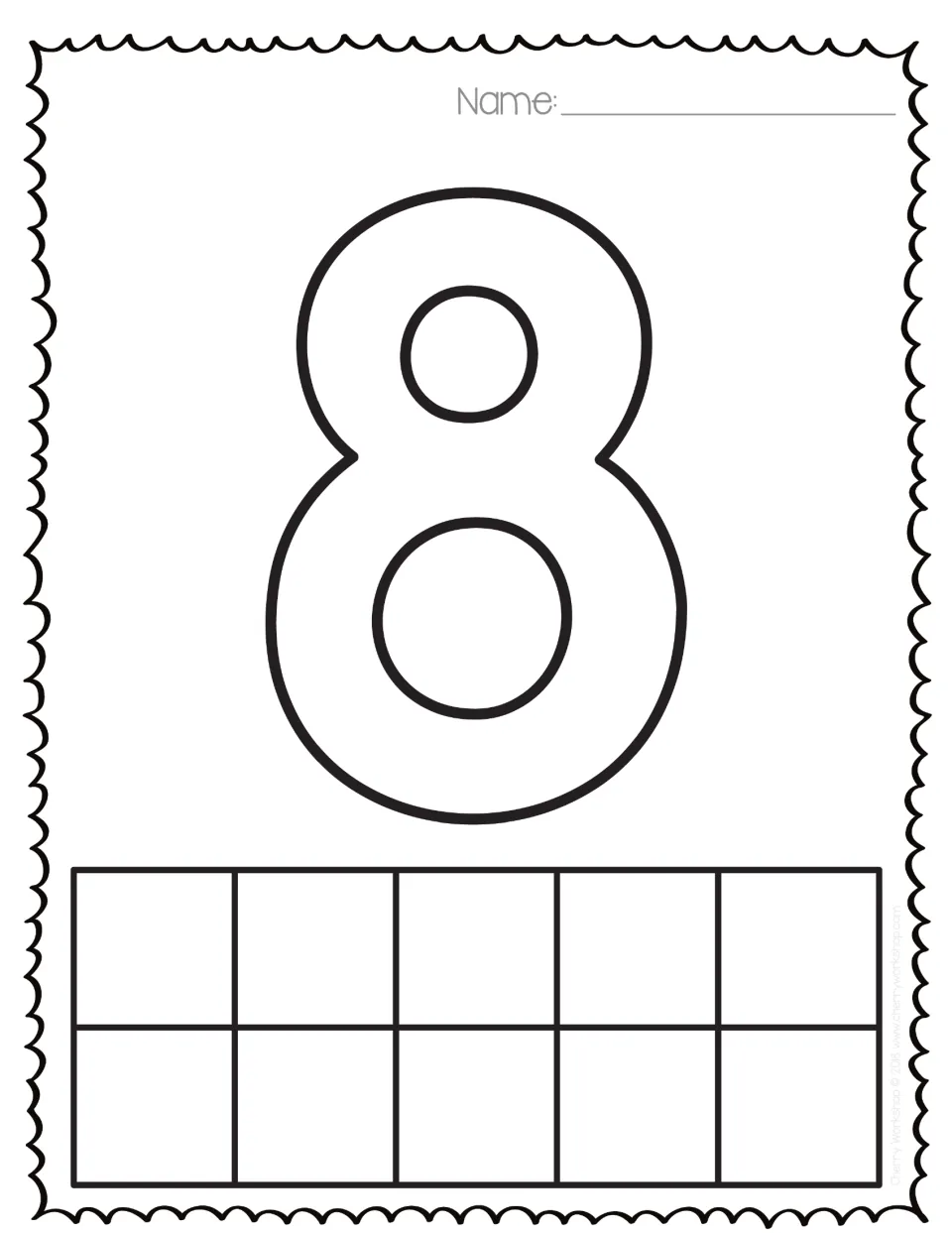 Number 8: hollow numeral 8 for tracing its two loops, with a ten frame where students count out eight objects to match