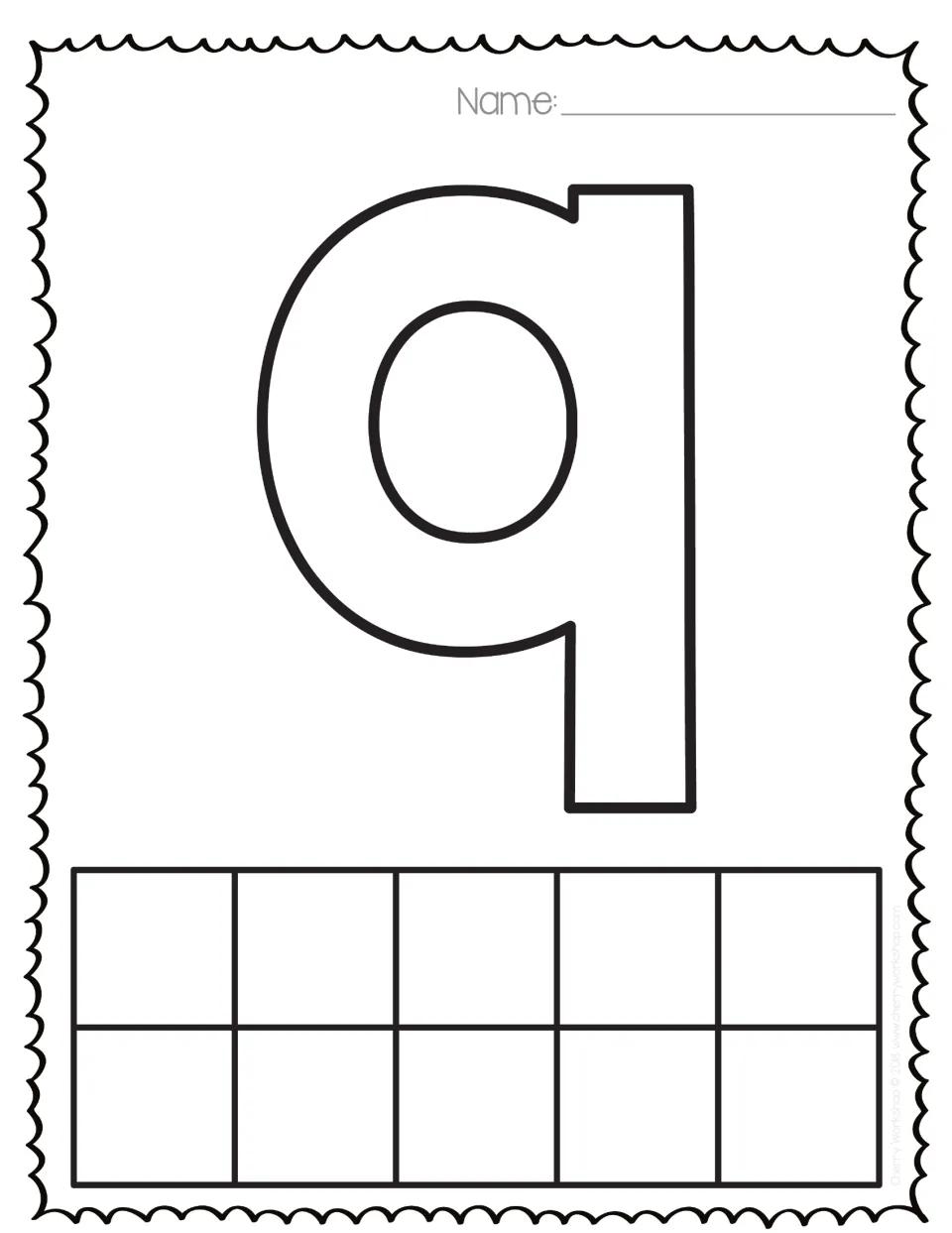 Number 9: outlined 9 to decorate and a ten frame where nine counters leave one space empty, showing nine as one less than ten