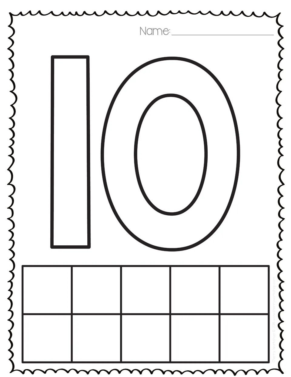 Number 10: two-digit outlined 10 to color and a ten frame to fill completely, representing ten as one whole frame