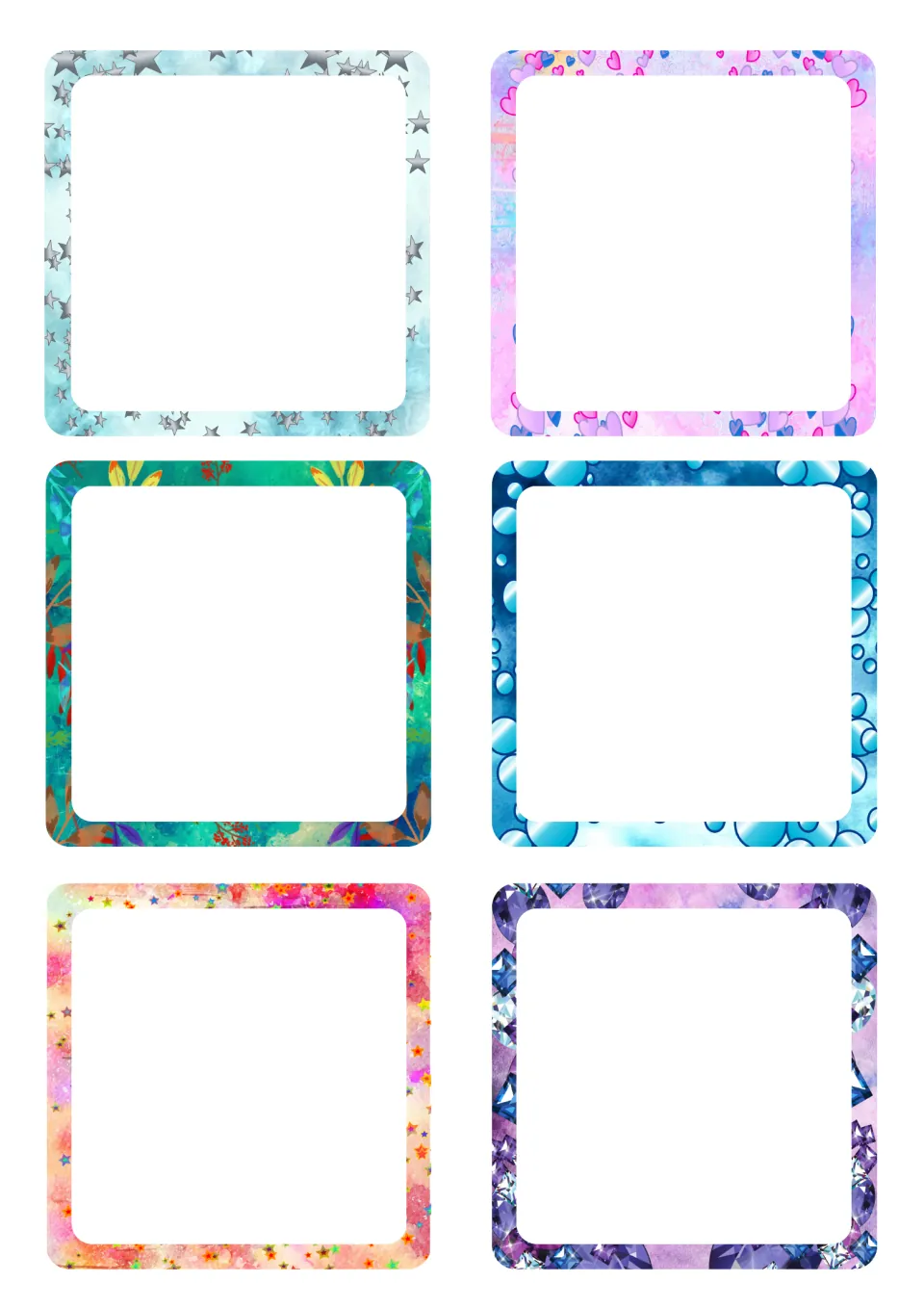 Six blank square student labels with rounded corners for labeling student supplies and classroom items
