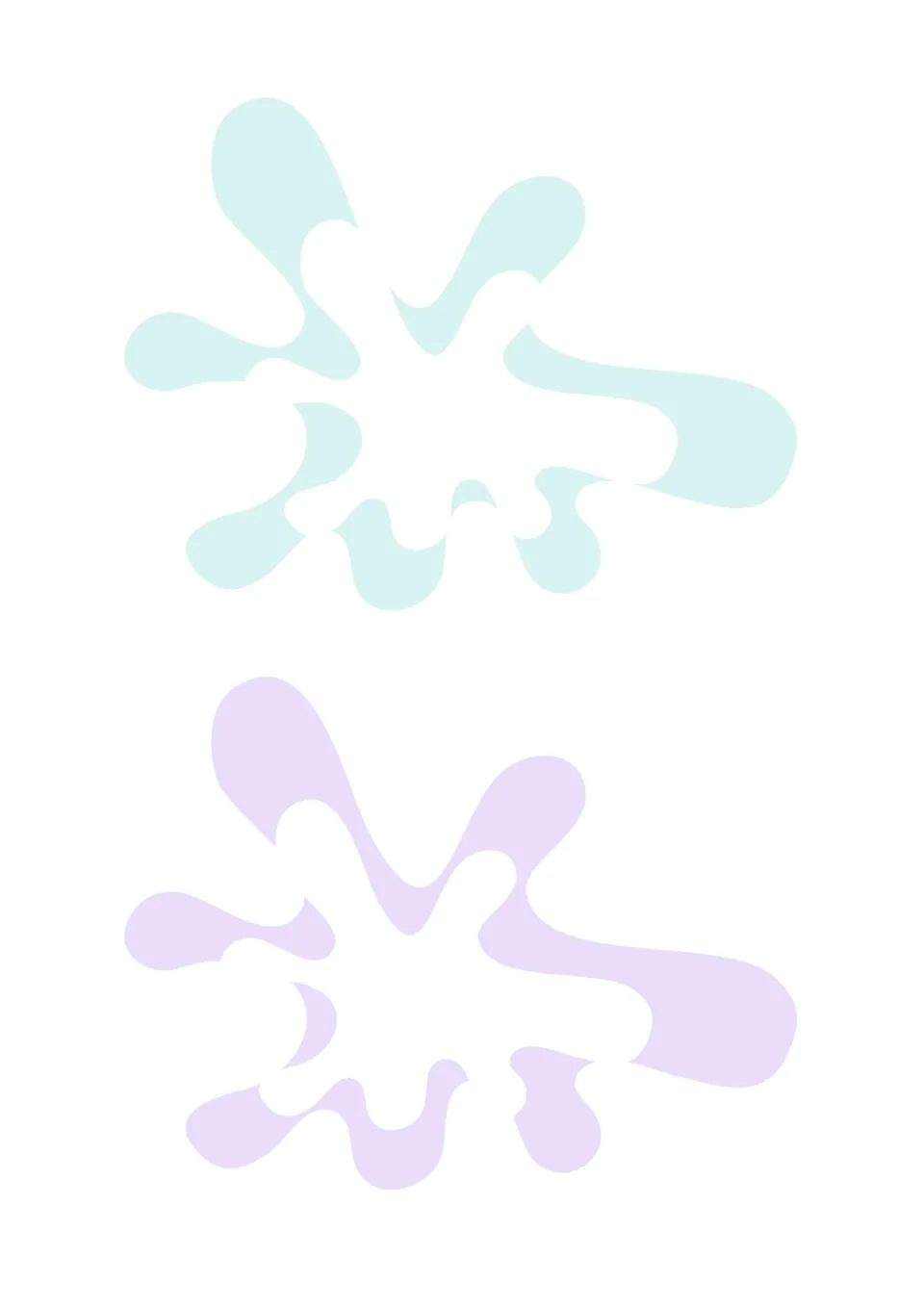 Two blank splash-shaped student labels in pale aqua and lavender for supplies and classroom items