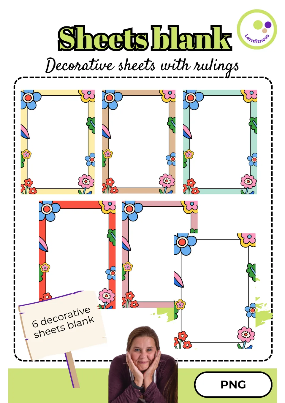 Cover for Sheets blank, decorative sheets with rulings: six blank spring flower-framed sheets in different colors, PNG